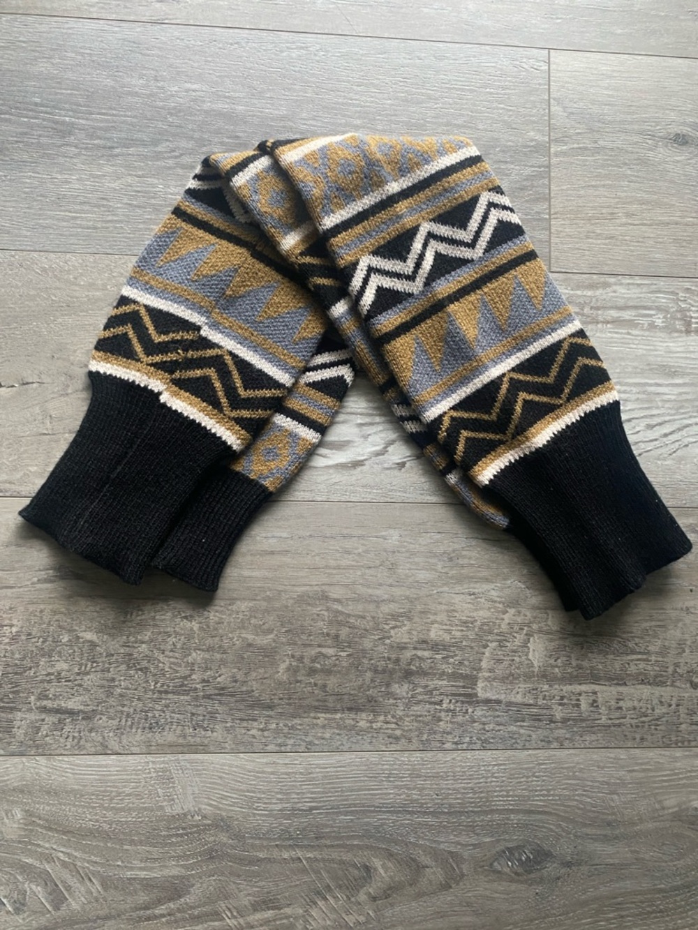 Patterned Knit Leg Warmers in Black, Tan & Gray One Size Boho